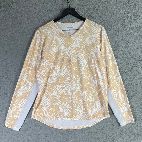 SanSoleil Palm Print UPF 50 Long Sleeve Sun Protection Golf Shirt Beige White XL - Picture 3 of 8